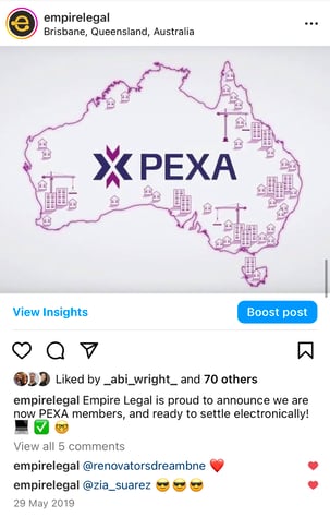 Empire's Instagram post announcing we are able to settle via PEXA