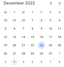 Calendar that shows date of 23 December 2022 highlighted